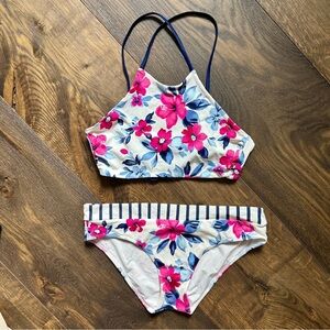 Lands' End Reversible Bikini‎ Halter Top Bottom Set M Stripe Floral Swim UPF 50+